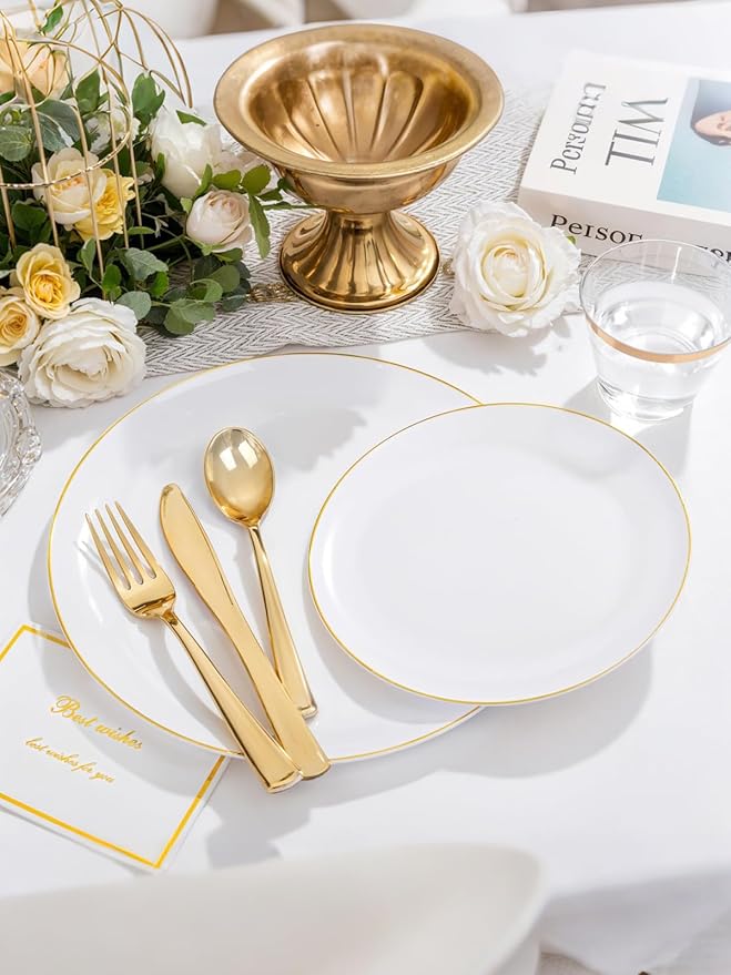 WDF 150Pcs White and Gold Plastic Plates - Gold Plates Disposable - 25 Guest Disposable Dinnerware Include 25 Dinner Plate, 25 Dessert Plate, 25 Cutlery & 25 9oz Cups for Wedding/Spring/Mothers Day