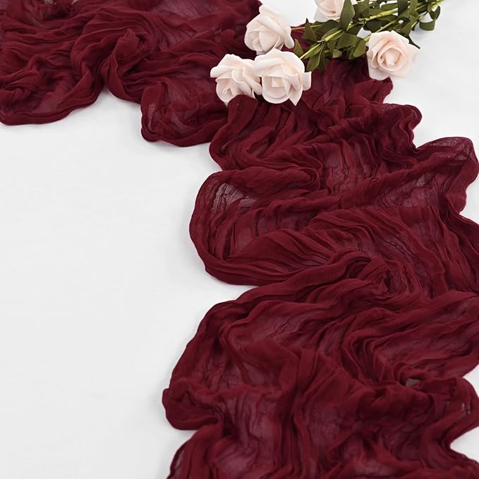 10 Pack Burgundy Table Runner 10Ft Cheesecloth Table Runner Boho Gauze Cheese Cloth Table Runners Romantic Long Sheer Fabric Table Runners for Wedding Party Bridal Shower(Burgundy)