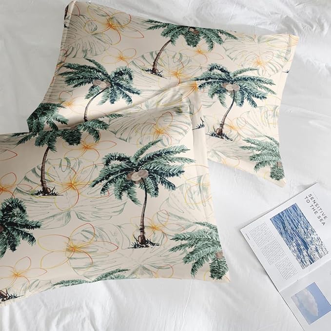 Pamnest Comforter Set King Size, Tropical Botanical Palm Summer 7 Pcs Bedding for Kids and Adults, Hawaiian Coconut Tree Bed Sheet Sets with Fitted Sheet 2 Pillowcase & 2 Sham for Bedroom Bed Decor
