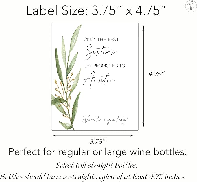 FAMILY & FRIENDS Pregnancy Announcement Wine Labels ● SET of 6 ● 2 Best SISTERS + 4 Best FRIENDS Get Promoted to AUNTIE Label, Baby Reveal Card alternative, Waterproof (Greenery)