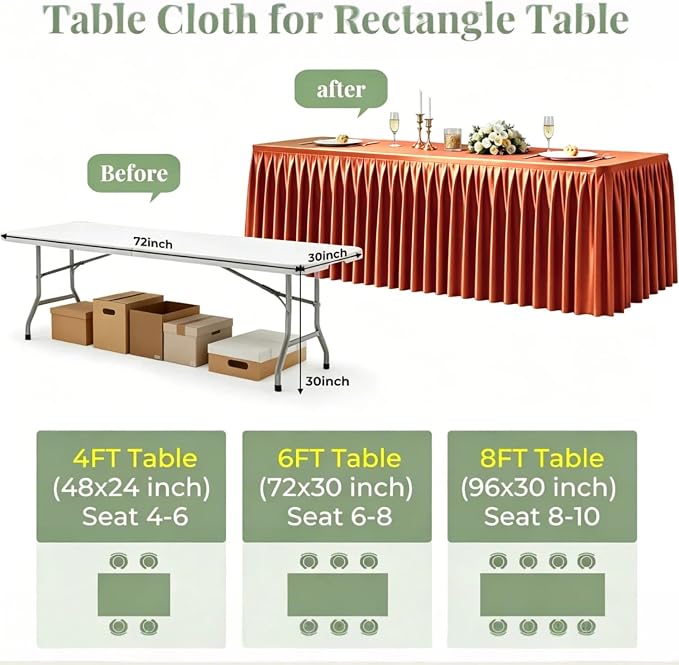 1 Pack Terracotta Satin Tablecloths Rectangle 4FT, Glitter Spandex Fitted Stretch Table Covers Wrinkle-Free Floor Length Shimmer Table Skirt for Weddings Parties Baby Shower Banquets Vendor Events