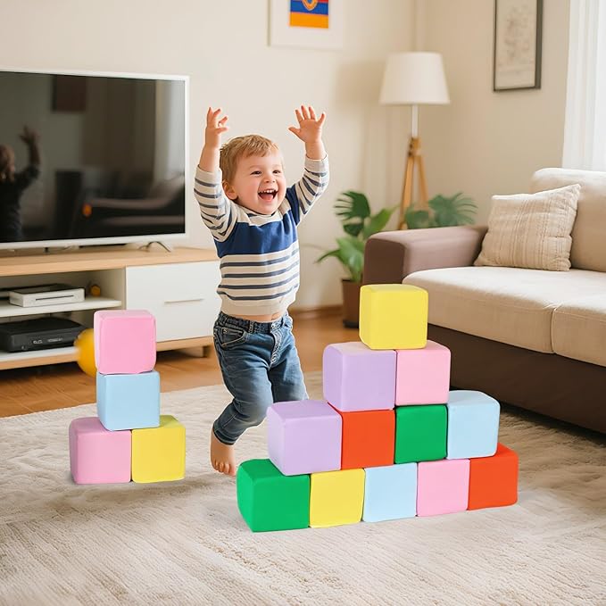 12-Pack 5 Inch Foam Cubes, Soft Play Pit Fillers for Indoor Games, Trampoline & Rock Climbing Mats - 6 Colors (Yellow/Green/Blue/Pink/Purple/Orange)