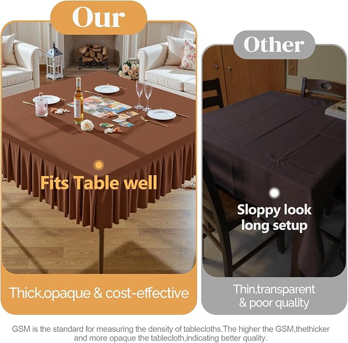 Wish Care Brown Spandex Tablecloths for 48x48 Inch Square Tables, Stretch Fitted Table Clothes with Pleated Ruffle Skirt for 48” Table, Wrinkle Free and Elastic, for Party Kitchen Home Dining