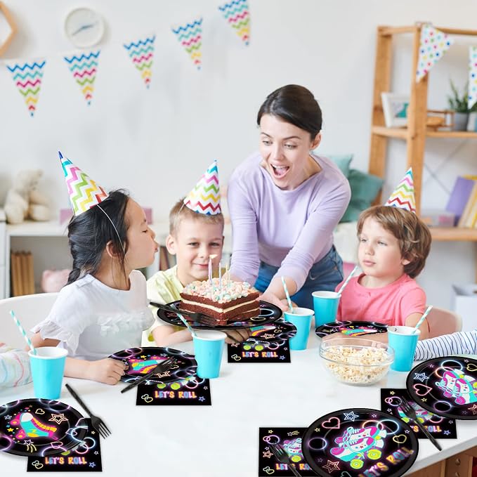 96pcs Roller Skating Party Supplies Tableware Set Retro Roller Skate Party Paper Plates Napkins Set Favors for Boys Girls Teens Birthday Dinnerware Decorations, Serve 24