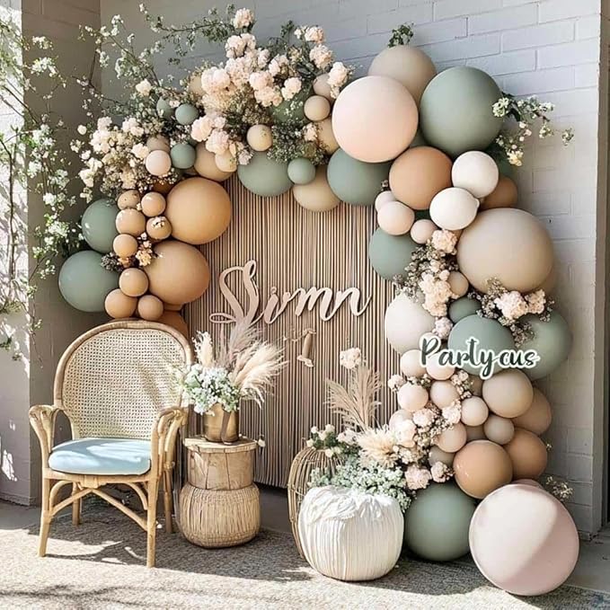 Dusty Green Nude Balloon Garland Double Stuffed Blush Brown Cream Sand White Neutral Matte Balloon Arch Kit for Baby Shower Wedding Birthday Gender Reveal Woodland Party Decoration