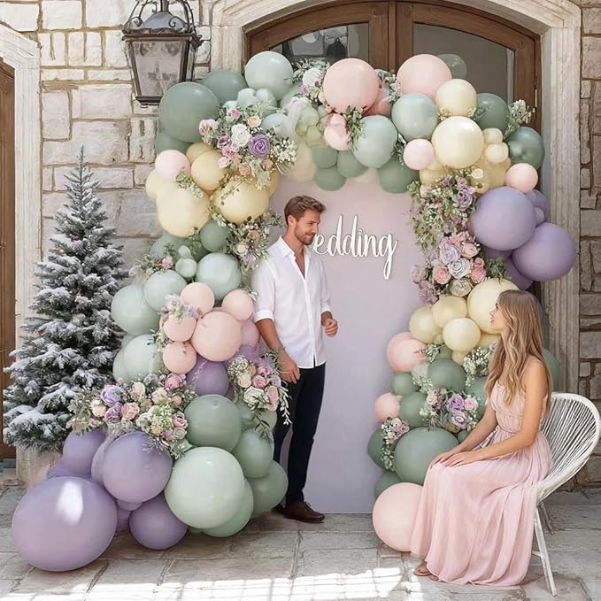 Dusty Green Purple Pink Balloon Arch, Double Stuffed Lavender Light Sage Green Ivory Blush Pastel Balloon Garland Kit for Baby Shower Birthday Wedding Bridal Wild-Flower Easter Party Decoration