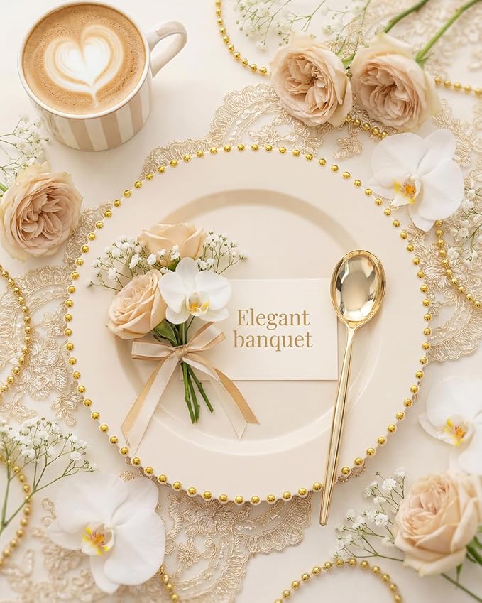supernal 180pcs Ivory and Gold Dinnerware Set,Elegant Heavy Duty Ivory Plastic Plates with Gold Beads,Disposable Plates with Plastic Silverware and 10oz Cups for Wedding/Party/Valentine's Day