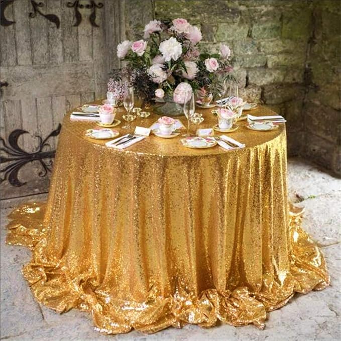 B-COOL Gold Tablecloth Party Decoration: 120 Inch Round Table Cloth Sequin Fabric Overlay for Outdoor Dining Cocktail Parties