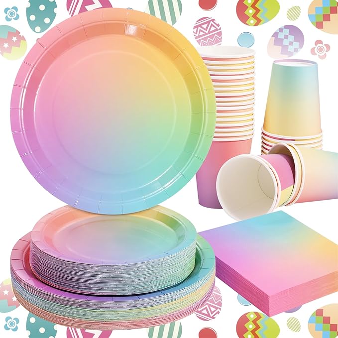 Rainbow Birthday Decorations for Girls, Pastel Rainbow Plates and Napkins 200Pcs, Girl Birthday Plates and Napkins, Easter Mother's Day Hawaiian Luau Colorful Pride Month, Serves 50