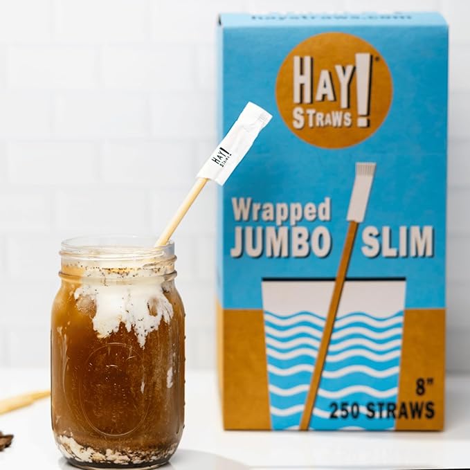 Hay Straws 8 inch Individually Wrapped Compostable Drinking Straw Eco Friendly, 1500 Count Biodegradable Disposable Straw for Juices, Smoothies, Plant-Stem Straws, No Paper, Plastic-Free (5–6.5mm)