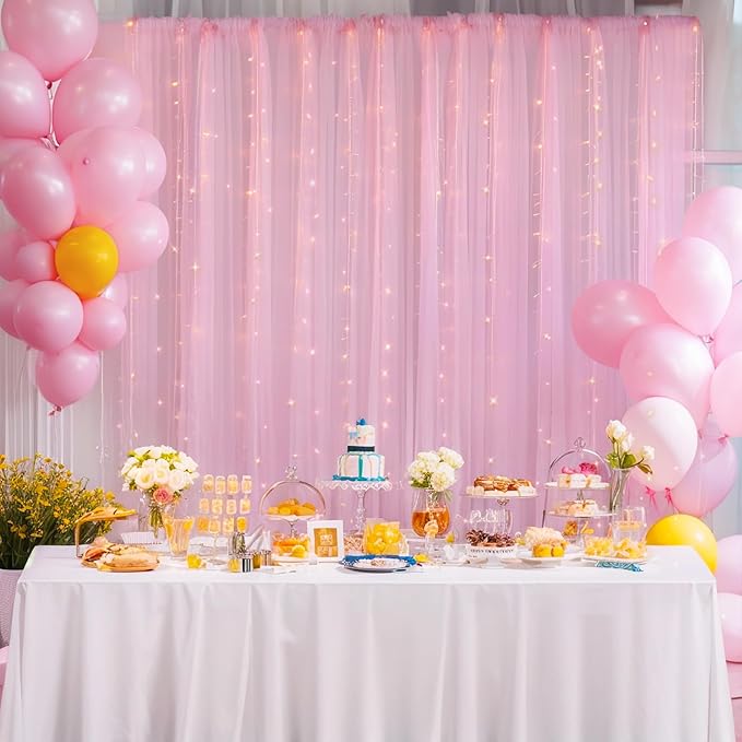 10×10ft Pink Tulle Backdrop Curtain with Lights String for Parties, Sheer Photo Curtain Backdrop Drapes for Wedding Party Photography Backgrounds