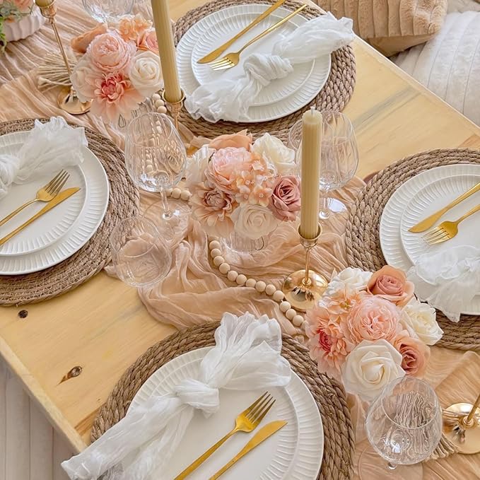10 Pack Champagne Cheesecloth Table Runner 35x120 Inches, Easter Spring Boho Gold Cheese Cloth Table Runner 10FT Sheer Gauze Runner for Bridal Shower Wedding Baby Shower Party Decor