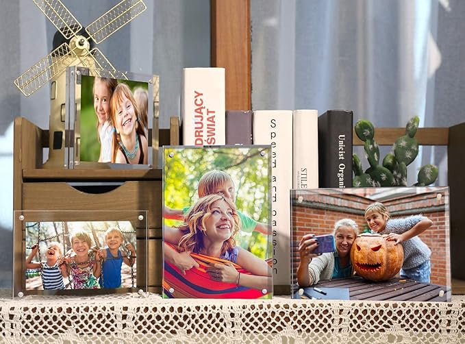 ILYXY 5 Pack Acrylic Frame 4x6, 20% Thicker, 20mm Thick Frameless Clear Picture Frame, Double Sided Magnetic Photo Frame, Free Standing Desktop Display Stand Acrylic Picture Frames