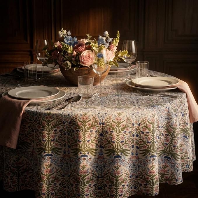 ATOSII Cotton Tablecloth 90" Inches Round Nargis Light Blue