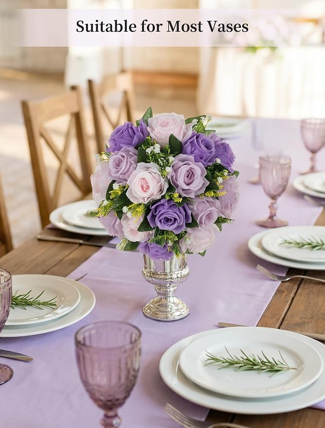 BLOSMON Purple Pink Fake Flowers: 2 Pcs Artificial Flower Balls Centerpiece | Faux Rose Floral Arrangement for Table Decorations - Faux Silk Bouquet with Base for Home Party Reception Decor