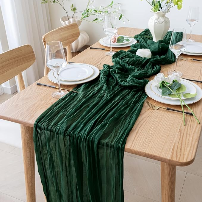 6PCS Table Runner Cheesecloth 10FT Emerald Green Boho Gauze Cheese Cloth Rustic Sheer Table Runners for Wedding Bridal Baby Shower Party Decoration