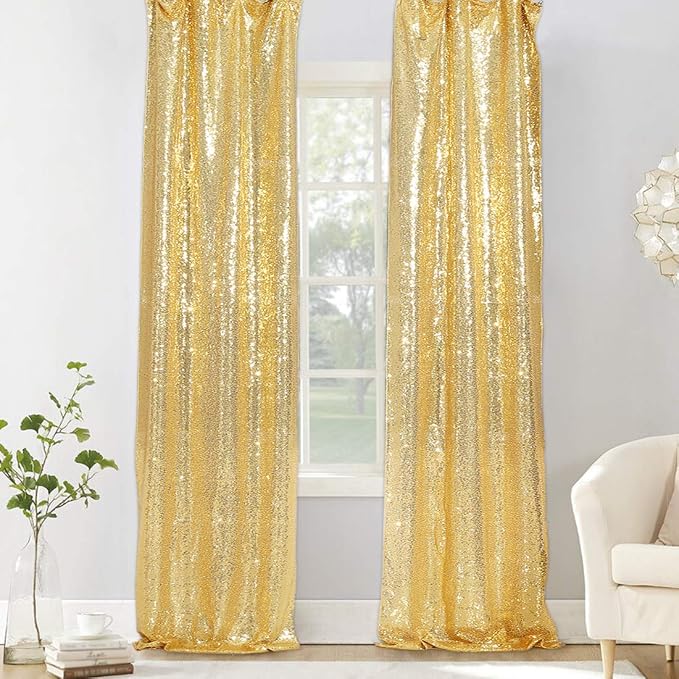PartyDelight Gold Sequin Backdrop Curtains 2x8ft 2 Panels | 3mm stitched sequin curtain with 4 inch rod pocket for 2x8ft 2 panel doorway window side drape narrow photo booth strip