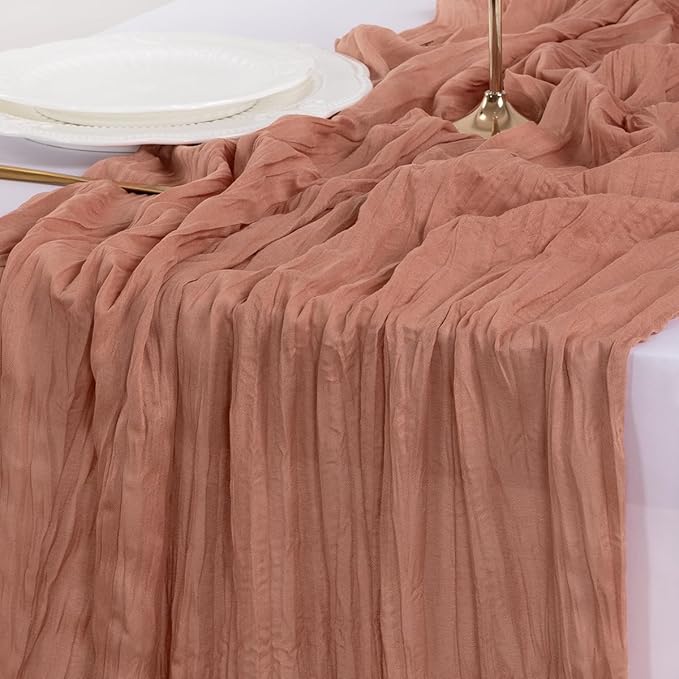 Socomi 6pcs Dusty Rose Summer Cheesecloth Table Runner Boho Rustic Gauze 120 inch 10FT Cheese Cloth Sheer Runner for Wedding Party Baby Shower Birthday Home Decor Holiday Decorations