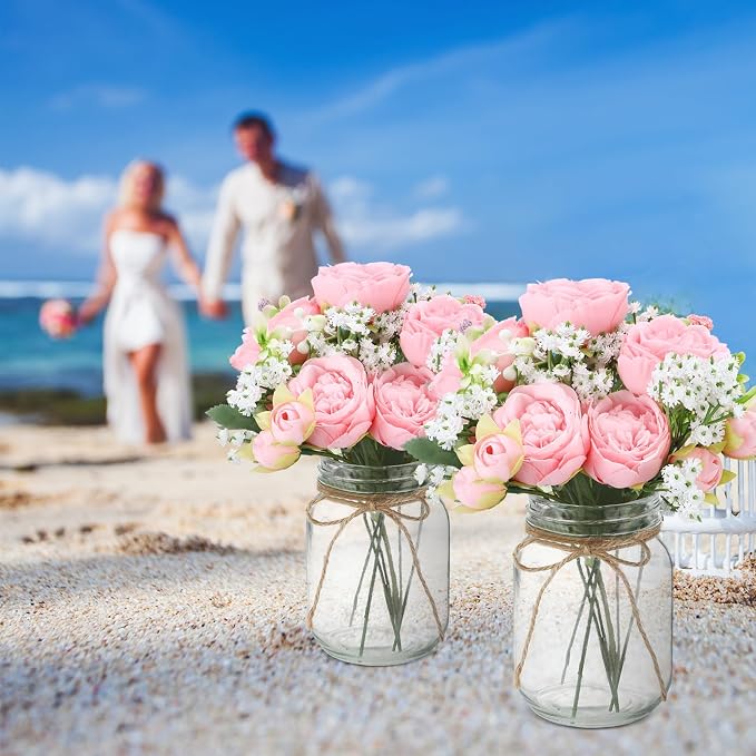 Zeyune 12 Sets Mason Jar Centerpiece Table Decorations, Artificial Peony Baby's Breath Flower Bouquets, Faux Flowers with Vase, Rustic Decor Gifts for Home, Wedding, Holiday (Light Pink)