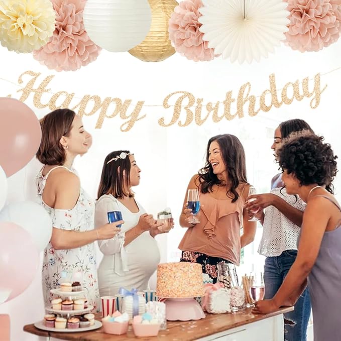 Champagne-Gold Beige 16 Happy Birthday Party-Decorations - 22pcs 21st Women Girls Paper Lanterns Streamers Banner Pom Poms,Fall Boho Aesthetic Bohemian Rose Groovy Decor Backdrop Supplies Hugmoon