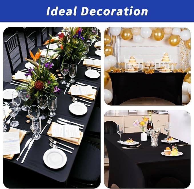 Fixwal 12 Pack Black Tablecloth Rectangle 6Ft, Stretch Spandex Fitted Table Cover for Party, Trade Show, Wedding, Buffet, Graduation, Vendor Stand