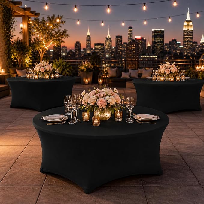 Round Table Covers - 6 Pack 60x30 Inch Table Cloth - Black Fitted Stretch Spandex Round Tablecloth for Party, Wedding, Birthday, Hotel, Banquet