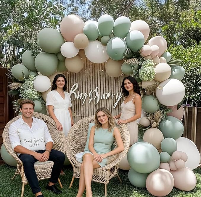 Sage Green White Balloon Garland Double Stuffed Dusty Green Cream Sand White Beige Latex Neutral Balloons Arch Kit for Boho Baptism Baby Shower Birthday Wedding Decoration