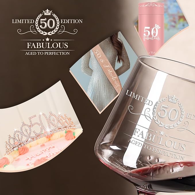 50th Birthday Gifts for Women Her,50th Birthday Sash,Crown,Rhinestone Tiara,Vintage Engraved Wine Glass,50 Year Old Birthday Decorations For Her,Women,Mom,Wife,Friends,Sister-Turning 50 Present