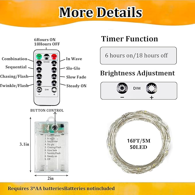 4-Pack Fairy Lights Battery Operated with Remote & Timer & 8 Modes, 16 FT 50 LED String Lights Outdoor Indoor, Battery Twinkle Lights Waterproof for Christmas Bedroom Centerpiece Décor (Cool White)