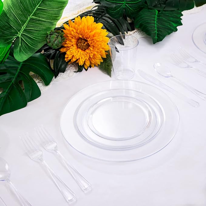 WDF 25 Guest Clear Plastic Plates with Disposable Plastic Silverware - Plastic Plates and Cups for Party include 25 Dinner Clear Plates, 25Salad Plates, 25Forks, 25Knives, 25 Spoons, 25Cups