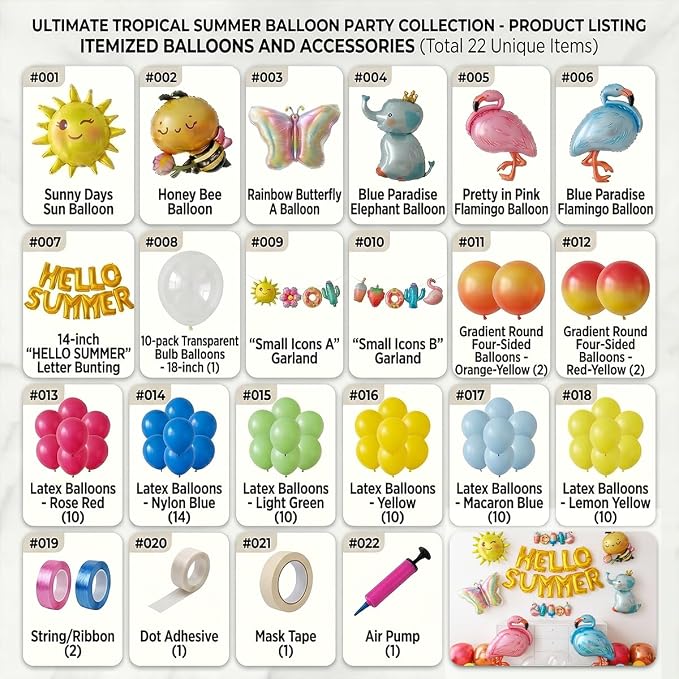 102 PCS "Hello Summer" Foil Balloon Decoration Kit, Tropical Summer Party with Flamingo Elephant Butterfly Mylar Balloons All-in-One Set, Gold Letter for Pool Party, Beach Party, Summer Decor