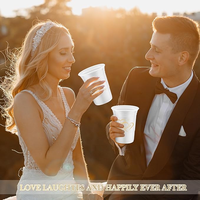 Layhit 100 Pcs Wedding Disposable Thick Plastic Cups, 16 oz White Cups with 2 Elegant Love Designs, Decorations for Wedding Reception Guests, Bridal Shower, Engagement, Bachelorette Party Supplies