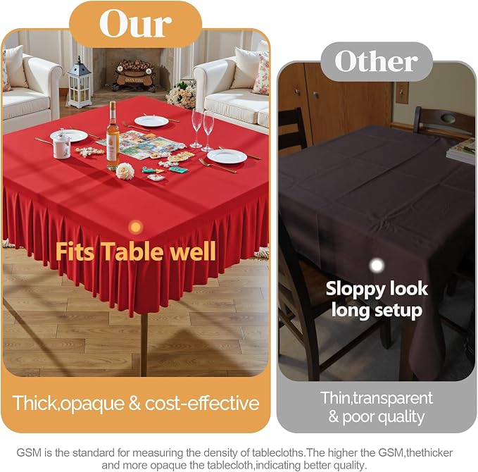Wish Care Red Spandex Tablecloths for 48x48 Inch Square Tables, Stretch Fitted Table Clothes with Pleated Ruffle Skirt for 48” Table, Wrinkle Free and Elastic, for Party Kitchen Home Dining