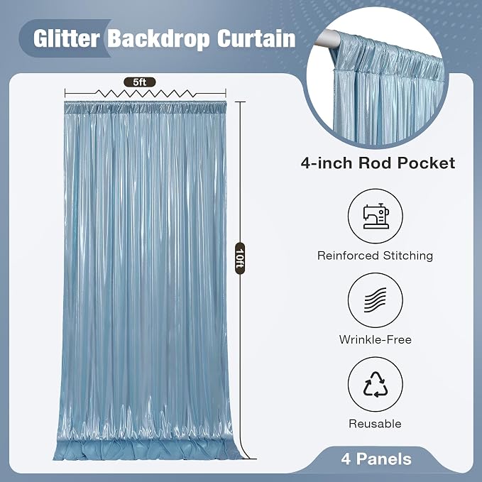 20x10FT Baby Blue Sequin Backdrop Curtain for Party - 4 Panels 5x10FT Wrinkle-Free Shimmer Drapes for Birthday, Wedding, Christmas, Decorations & Photography