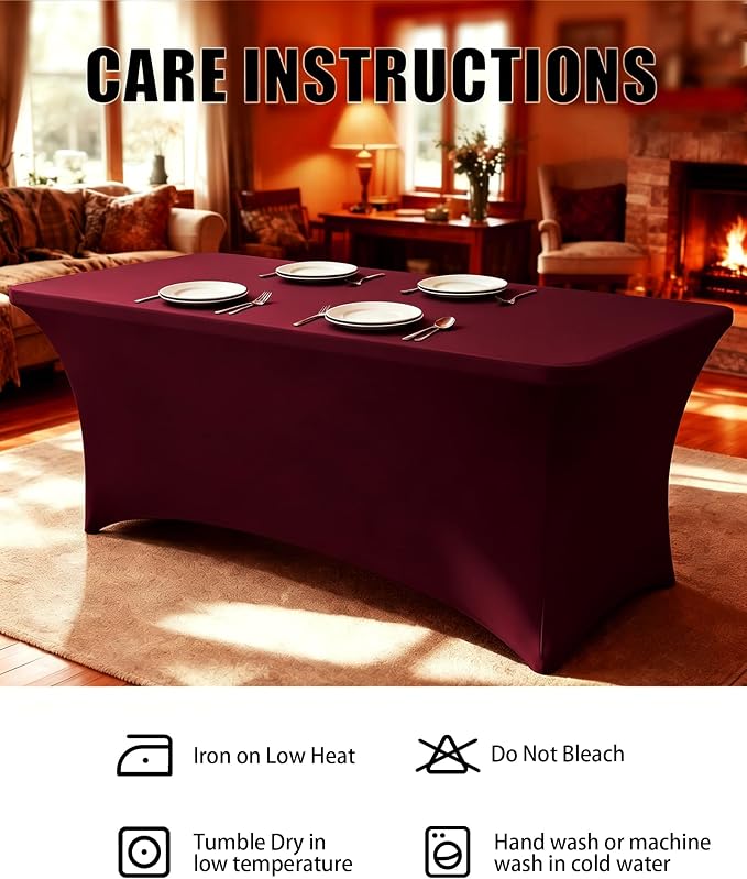 6FT Burgundy Table Cloth - 2 Pack Fitted Stretch Rectangle Spandex Tablecloth, Washable Table Cover for Party, Picnic, Wedding, Banquet, Birthday and Festival(30" x 72")
