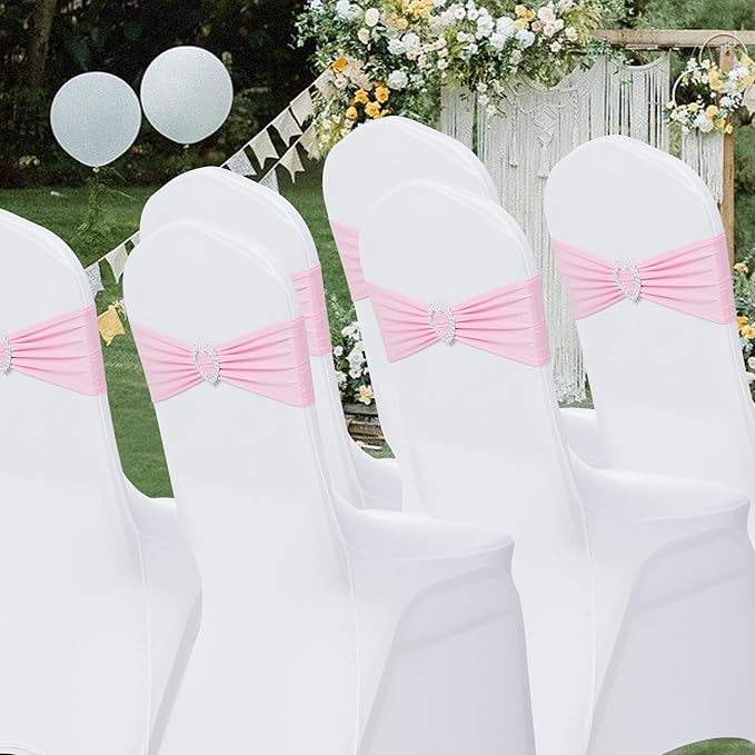 Howhic Pack of 60 Spandex Chair Sashes Bows Stretch Chair Cover Band with Buckle Slider Universal Elastic Chair Ties for Wedding Banquet Party Event Decoration (Pink)