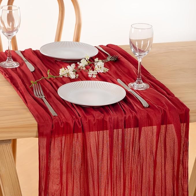 MLMC Red Table Runner 10ft Boho Gauze Cheesecloth Table Runner Rustic Cheese Cloth Decor 35x120 Inches for Wedding Reception Annniversary Home Decor