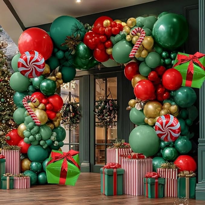 Green and Red Christmas Balloons Double Stuffed Pearl Dark Red Green Gold Balloon Garland Arch Kit Candy Cane Box Balloons for Happy Christmas Holiday New Year Birthday Party Decorations