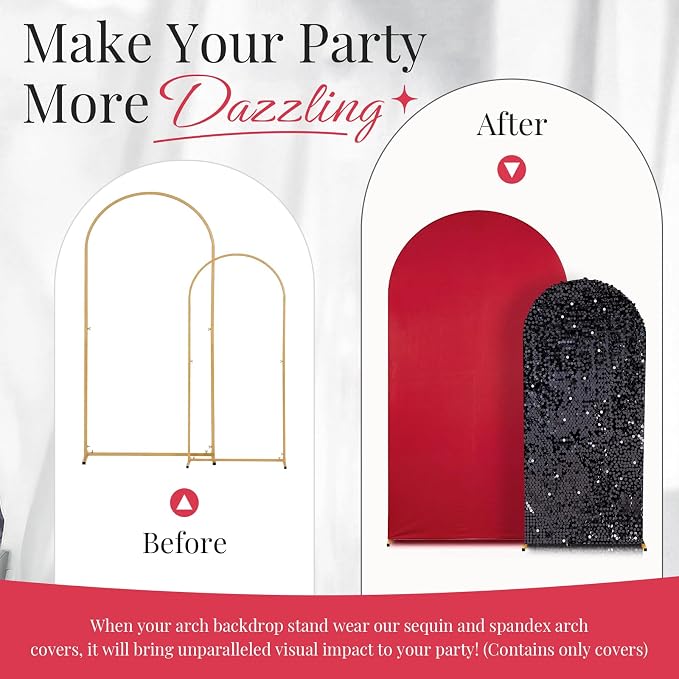 Red and Black Arch Covers 7.2 and 6FT Sequin Arch Backdrop Cover Set of 2, Spandex Fitted Bling Sequin Arch Stand Covers for Birthday Party Ceremony Baby Shower Banquet Decoration