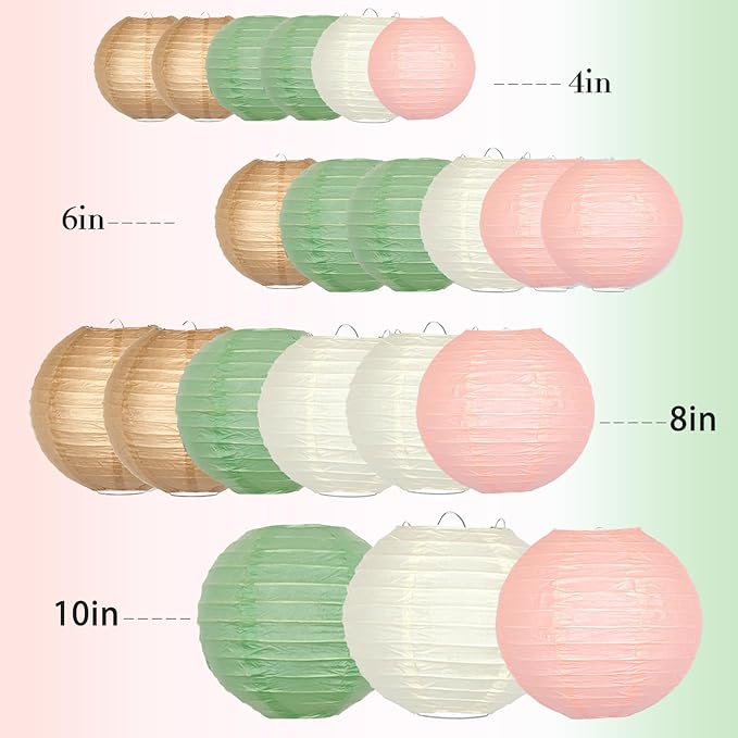 ADLKGG Paper Lanterns Party Decorative, Hanging Paper Lanterns for Sage Green Wedding Valentines Day Decorations Bridal Shower Birthday Neutral Baby Shower Decor Sage Green/Pink/Brown 21pcs