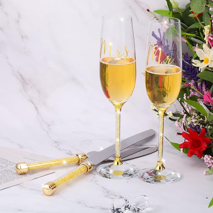 Boao 4 Piece Wedding Cake Knife and Champagne Flutes Server Set Mr and Mrs Toasting Flutes Crystal Rhinestone Cake Cutting Set for Bride and Groom Wedding Engagement Bridal Shower Gifts(Gold)