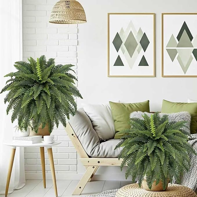 FOREST PRINCE 42" Artificial Boston Fern Large Bush Plants, 2 Bundles of Fake Ferns with 65 Fronds for Outdoors Home Decor