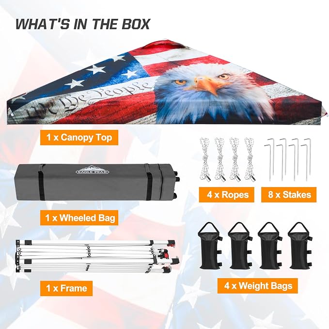 EAGLE PEAK Pop Up Canopy Tent with Wheeled Carry Bag, 8 Stakes, 4 Ropes, 4 Weight Bags, Easy Set Up Tent Canopy, 10x10 ft, 100sqft of Shade, American Icon