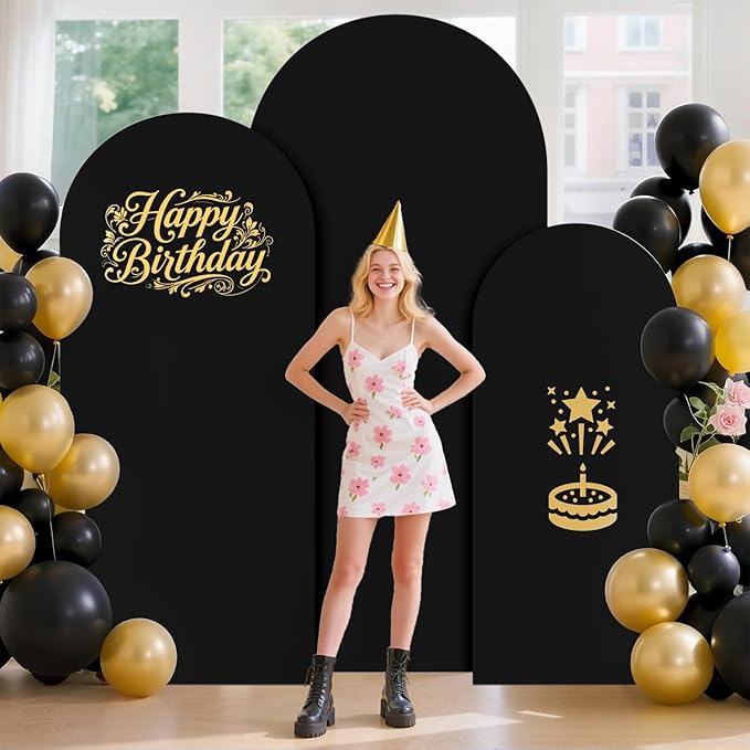 Metal Arch Stand and Cover Set 7.2FT, 6.6FT, 6FT Balloon Wedding Arch Frame with Black Spandex Wedding Arches Cover Set of 3 Chiara Backdrop Stand for Parties Birthday Baby Shower Decor