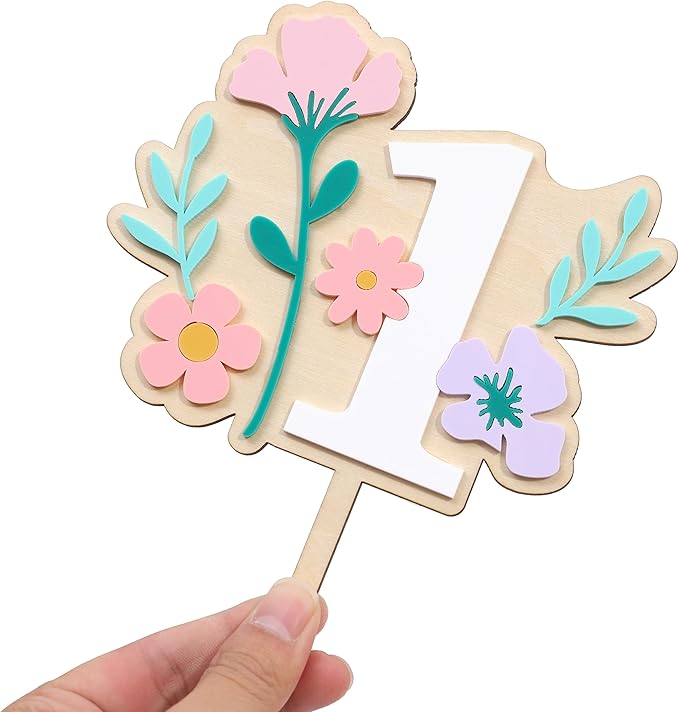 Wooden Wildflower Cake Topper - Wildflower First/1st Birthday Party Decorations,Flower 1st Cake Topper,Girl First Birthday Party Decorations (Flower-1)