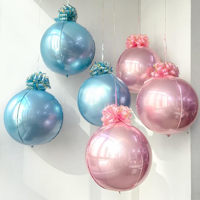6 Pack Pink and Blue 4D Orb Balloons - 22 Inch Large Metallic Sphere Mylar Balloons with Pull Bows, Hanging Ceiling Decorations for Gender Reveal, Baby Shower & Baby Birthday Party