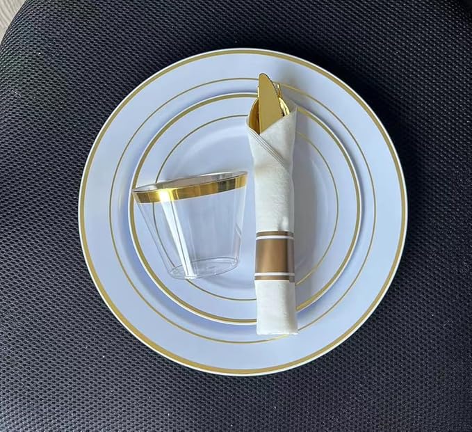 TTFM 175 Piece Plastic Dinnerware Set for 25 Guests, Plastic Plates for Party, Includes 25 Dinner Plates, 25 Dessert Plates, 25 Pre Rolled Napkins With Plastic Silverware, and 25 Cups (Gold)