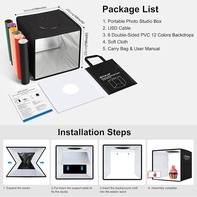 PULUZ 10x10 inch Mini Photo Studio Light Box, Portable Folding Photography Light Tent Kit with CRI >95 104pcs LED Dimmable Light & 6 Sheets of 12 Colors Backgrounds for Small Size Products
