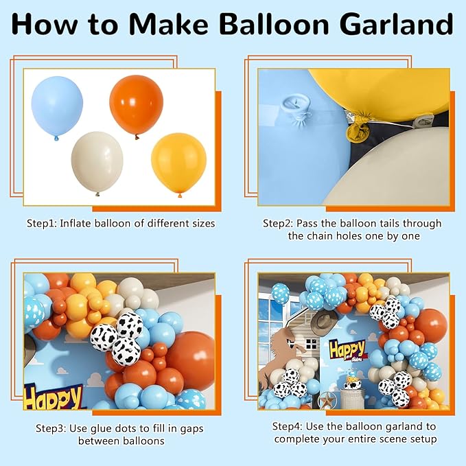 Western Balloon Arch Kit, 123pcs Retro Burnt Orange Pastel Blue Mustard Yellow Balloon Garland with Cow Print Cloud Print Balloons for Boy Story Baby Shower First Rodeo Farm Adventure Decorations