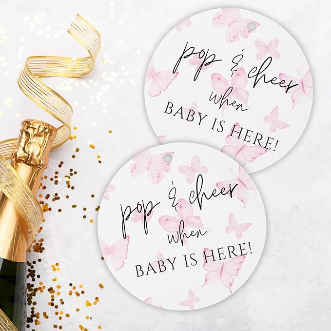 Pop and Cheer When Baby is Here Butterly Hang Tag | 30pk 2.5” Circle Butterflies Floral Cards Stickers Modern Minimalist Champagne Tags Baby Shower Party Favors Ribbon
